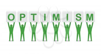 Men holding the word optimism. Concept 3D illustration.