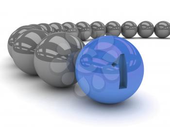 Grey balls with the blue leader in front. Concept 3D illustration