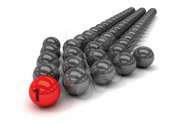 Grey arrow of the balls with the red leader in front. Concept 3D illustration
