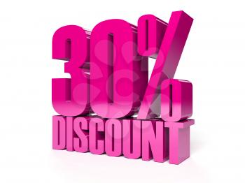 30 percent discount. Pink shiny text. Concept 3D illustration.