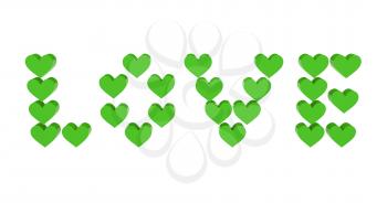 Green hearts set in word LOVE. Concept 3D illustration.