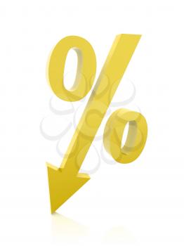 Golden percentage symbol with an arrow down. Concept 3D illustration.