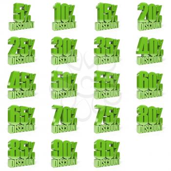 Set of percent discount. Green on white background. Concept 3D illustration.