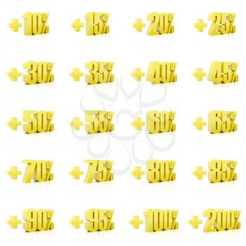 Set of 3D plus percent. Numbers. Gold on white background. Concept 3D illustration