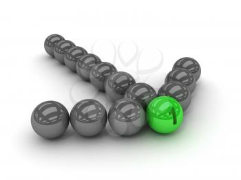 Grey arrow of the balls with the green leader in front. Concept 3D illustration