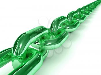 Green chain over white background. 3D Concept illustration.