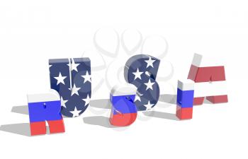 background relative to politic relation between russia and usa.3D rendering .russia and usa mixed words. two in one