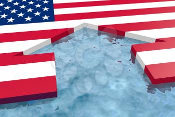 home icon in the water textured by USA flag. 3D rendering