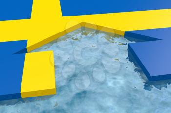 home icon in the water textured by Sweden flag. 3D rendering