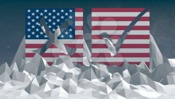 USA national flag textured vote mark on low poly landscape. 3D rendering