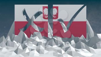 Poland national flag textured vote mark on low poly landscape. 3D rendering