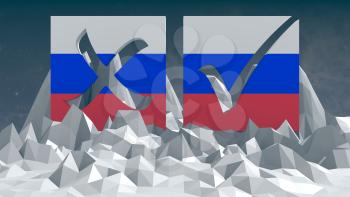 Russia national flag textured vote mark on low poly landscape. 3D rendering