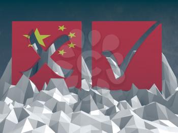 china national flag textured vote mark on low poly landscape