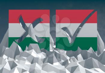 hungary national flag textured vote mark on low poly landscape