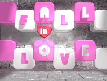 background relative to valentines day. Fall in love text on pink and white boxes in empty concrete room. 3D rendering