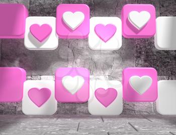background relative to valentines day. Hearts icons on pink and white boxes in empty concrete room. 3D rendering