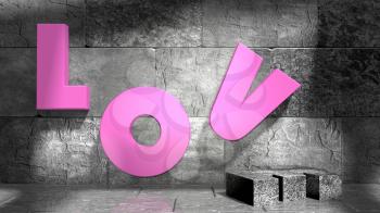 background relative to valentines day. Love text on wall in empty concrete room. 3D rendering
