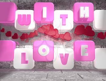 background relative to valentines day. With love text on pink and white boxes in empty concrete room. 3D rendering
