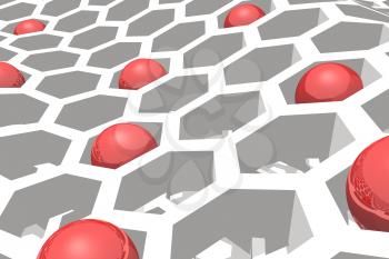 Perspective view on honeycomb with red spheres . 3D rendering backdrop