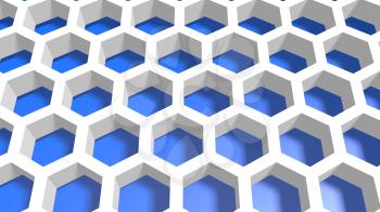 Perspective view on blue and white honeycomb . 3D rendering backdrop