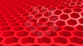 Perspective view on red honeycomb . 3D rendering backdrop