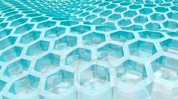 Perspective view on transparent blue honeycomb . 3D rendering backdrop