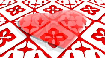 Red transparent heart shape on red and white geometry pattern backdrop. Background relative to valentines day