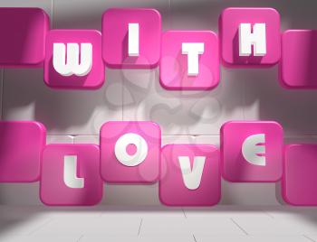 background relative to valentines day. With love text on pink and white boxes in empty concrete room. 3D rendering