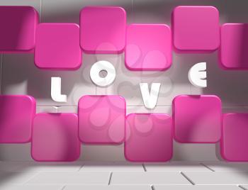 background relative to valentines day. Love text on pink and white boxes in empty concrete room. 3D rendering