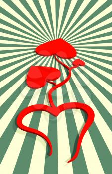 Red transparent heart tree on blue sunburst backdrop. Background relative to valentines day. Abstract love plant