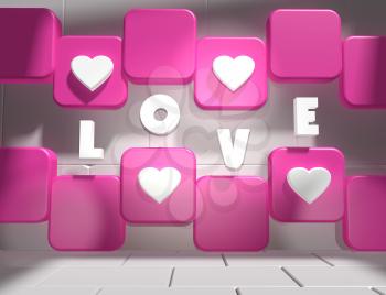 background relative to valentines day. Love text on pink and white boxes in empty concrete room. 3D rendering