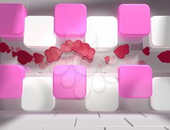 background relative to valentines day. Hearts icons between pink and white boxes in empty concrete room. 3D rendering