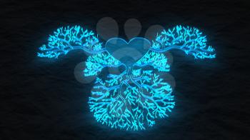 Heart vessels blue glass tree. Neon shine shape on crumpled paper background