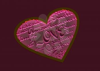 Love and heart. Heart shaped keyhole filled by words relative St. Valentines day. Image for greeting. Cutout silhouette of the heart