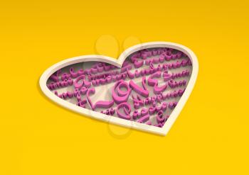 Love and heart. Heart shaped keyhole filled by words relative St. Valentines day. Image for greeting. Cutout silhouette of the heart. Yellow backdrop