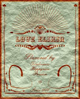 Vintage vertical banner with love drink label. Fantasy elixir label for Valentines Day fun.