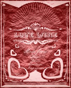 Vintage vertical banner with love drink label. Fantasy wine  label for Valentines Day fun.