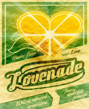 Colorful vintage Lemonade label poster illustration. New brand name Lovenade. Unusual love drink. Squeezed from feelings and 100 percent natural emotions text. Made from real love tag line