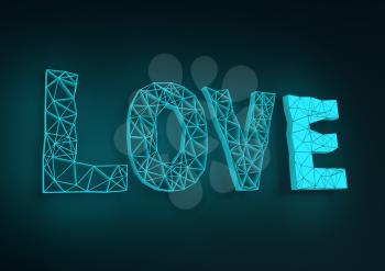 San Valentine card with neon shine LOVE word in 3D effect. Glowing letters. Net shaped text