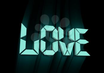 San Valentine card with neon shine LOVE word in 3D effect. Glowing letters. Cafe neon sign