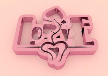 San Valentine card with glance shine LOVE word in 3D effect. Glowing letters. Heart shape plant