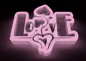 San Valentine card with neon shine LOVE word in 3D effect. Glowing letters. Heart shape plant