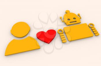Human and robot relationships. Robotics industry relative image. Heart icon between robot and human. 3D rendering