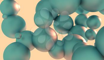 Large group of mirror orbs or pearls levitation in empty space. 3D rendering