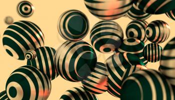 Large group of  orbs or spheres levitation in empty space. 3D rendering. Metallic surface painted by stripes