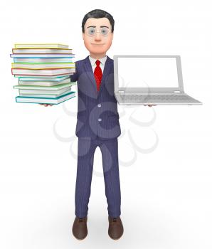 Businessman Laptop Representing Support Commercial And Books 3d Rendering