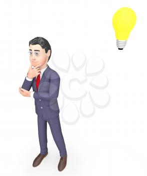 Thinking Businessman Indicating Light Bulb And Consider 3d Rendering