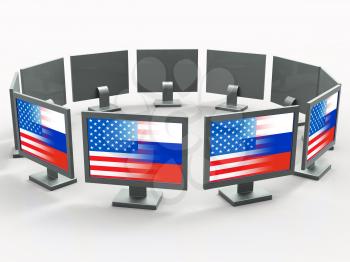 Computers With Flags Showing Hacking 3d Illustration