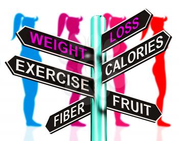Weight Loss Signpost Shows Fiber Exercise Fruit 3d Illustration