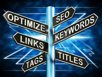 Seo Optimize Keywords Links Signpost Showing Website 3d Illustration